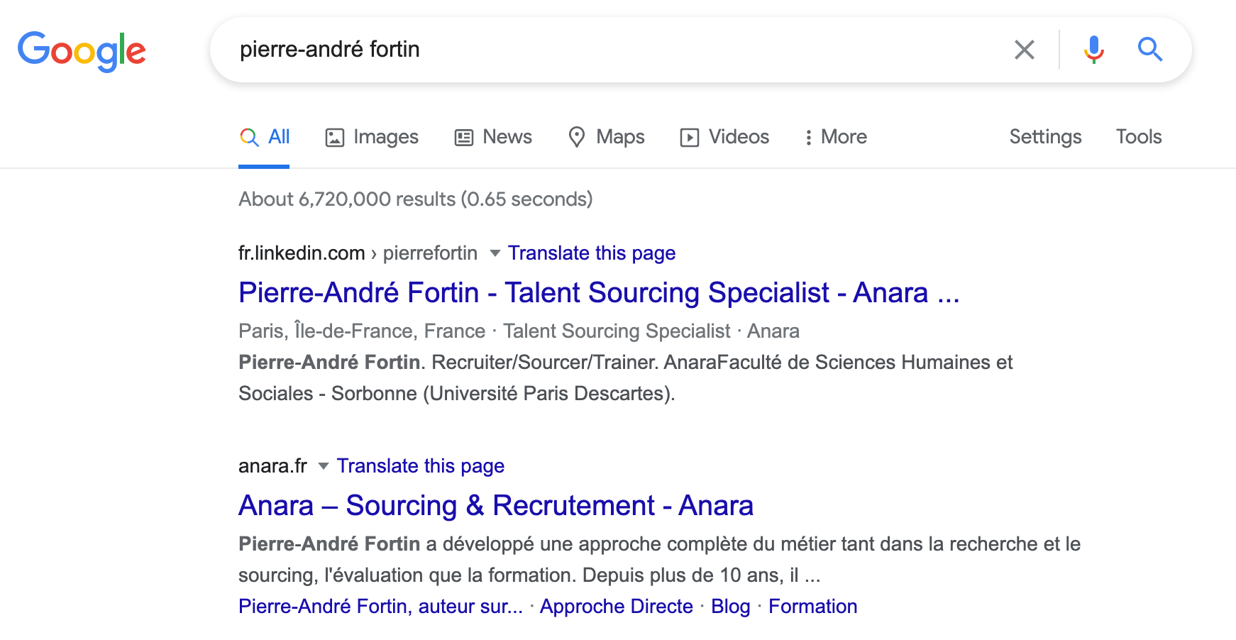 Résultats Google pour retrouver un profil LinkedIn à partir d'un nom Meetup