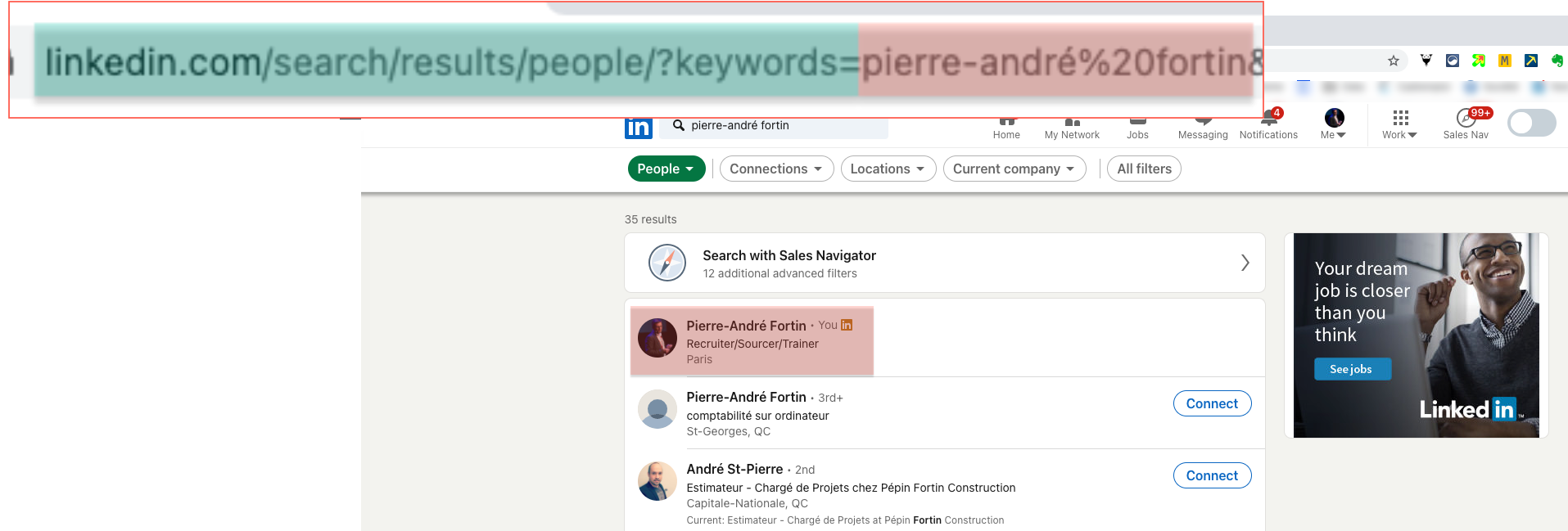 Résultats LinkedIn générés par la formule de concaténation d'URL